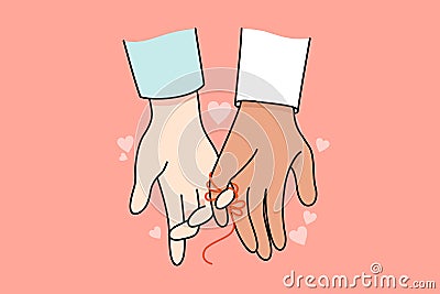 Multiracial couple hands linked with thread Vector Illustration