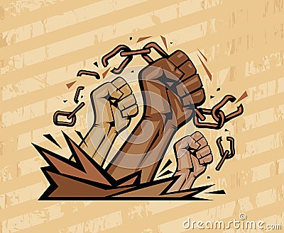 Multiracial fists tearing chains on a rays background Vector Illustration