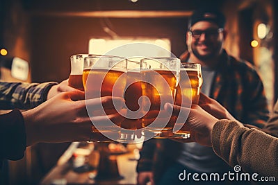Multiracial group of friends enjoying a beer - Young people hands toasting and cheering aperitif beers half pint - Friendship and Stock Photo