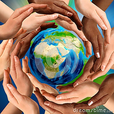 Multiracial Hands Around the Earth Globe Stock Photo