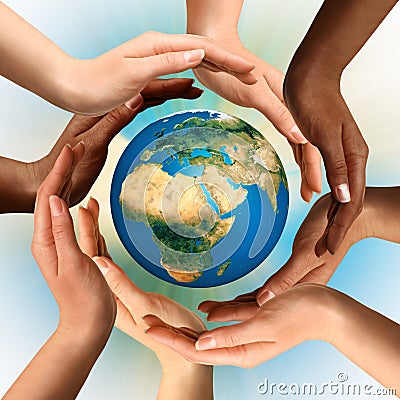 Multiracial Hands Surrounding the Earth Globe Stock Photo