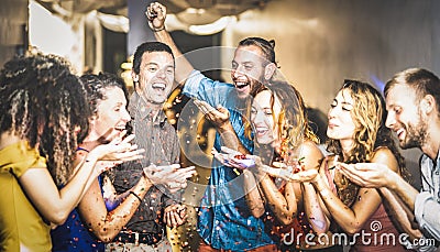 Multiracial happy friend having fun at new year`s eve celebration Stock Photo