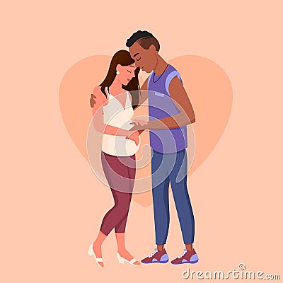 Multiracial happy pregnant mother and father, expecting husband wife hug and proud Vector Illustration