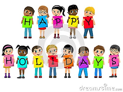 Multiracial kids children cardboard spell out happy holidays text isolated Vector Illustration