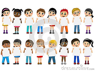 Multiracial kids children standing holding blank cardboard isolated Vector Illustration