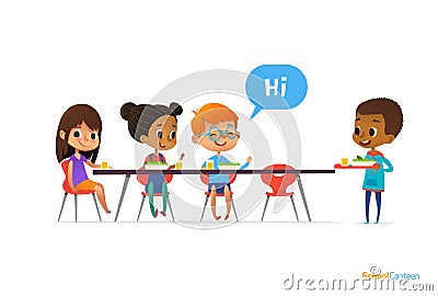 Multiracial kids sitting at table in school canteen and greeting newcomer boy holding tray with food. Children s relationships con Vector Illustration