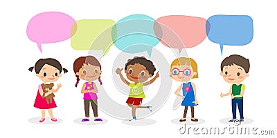 Multiracial kids with speech bubbles, diverse Kids and Different nationalities with speech bubbles isolated on white background Vector Illustration