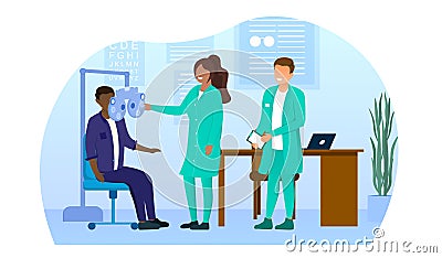 Multiracial oculist doctors examine patient Vector Illustration