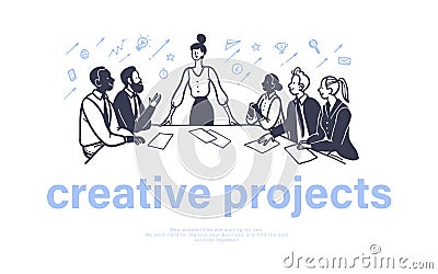 Multiracial office people sitting at table discussing business projects on white background. Vector Illustration