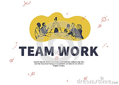 Multiracial office people sitting at table discussing business projects on white background. Vector Illustration