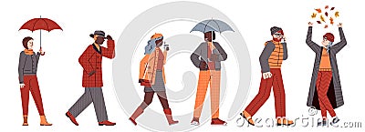 Multiracial people happy with autumn coming, flat vector illustration isolated. Vector Illustration