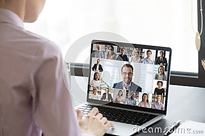 Multiracial people involved in group video call pc screen view Stock Photo