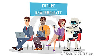 Multiracial people and robot sitting in queue and waiting for job interview. Vector Illustration