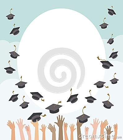 Multiracial people`s hands throwing graduation hats in the air. Graduating students. Celebrate End of the School Vector Illustration