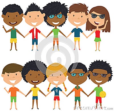 Multiracial people standing and holding hands. Vector Illustration