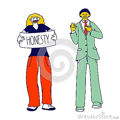 Multiracial People Swear and Tell Truth. Man Gesturing Hold Palm on Chest and Woman Performing Banner with Honesty Vector Illustration