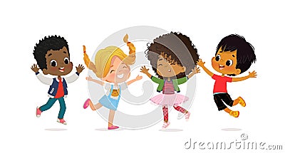 Multiracial school kids. Boys and girls are playing together happily jump. Kids Play at the grass. The concept is fun Vector Illustration