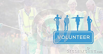 Multiracial volunteers collecting garbage and illustration of blue people with volunteer text Cartoon Illustration
