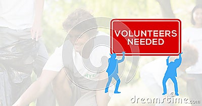 Multiracial volunteers collecting garbage and illustration of people with volunteers needed sign Cartoon Illustration