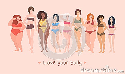 Multiracial women of different height, figure type and size dressed in swimsuits standing in row. Female cartoon Vector Illustration