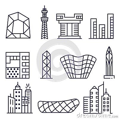 Modern City Buildings and Constructions Icons Vector Illustration