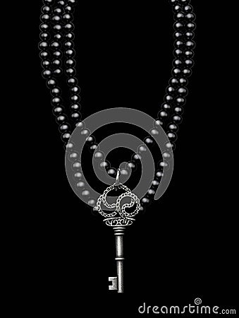 A multistrand black pearls necklace with a skeleton key motif. Gothic art. AI generation Stock Photo
