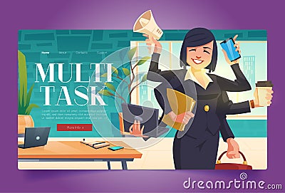 Multitask banner with businesswoman with many arms Vector Illustration