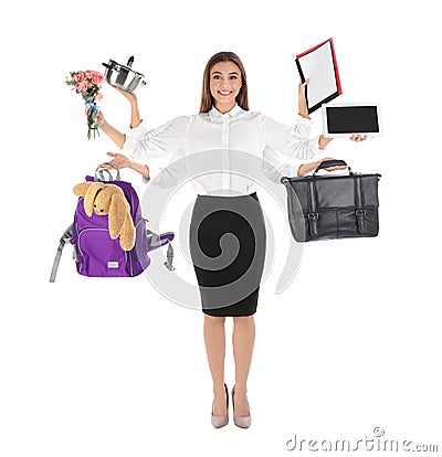 Multitask businesswoman with many hands holding different stuff on white background. Stock Photo