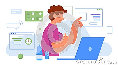 Multitask office work vector illustration, cartoon flat busy businessman character working on many virtual business Vector Illustration