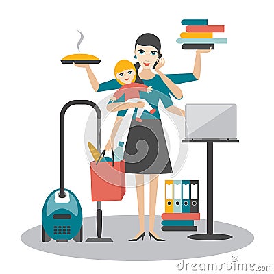 Multitask woman. Mother, businesswoman with baby working, coocking and calling. Vector Illustration