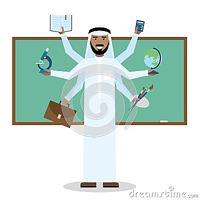 Multitasking arabian man. Vector Illustration