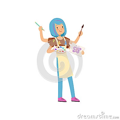 Multitasking artist character, girl with blue hairs with many hands holding palette and paintbrushes vector Illustration Vector Illustration