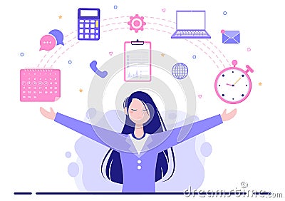 Multitasking Business Woman Or Office Worker as Secretary Surrounded By Hands With Holding Every Job In The Workplace. Vector Vector Illustration