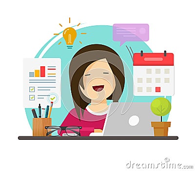 Multitasking business woman person working hard but happy on office table desk vector, flat cartoon girl sitting smiling Vector Illustration