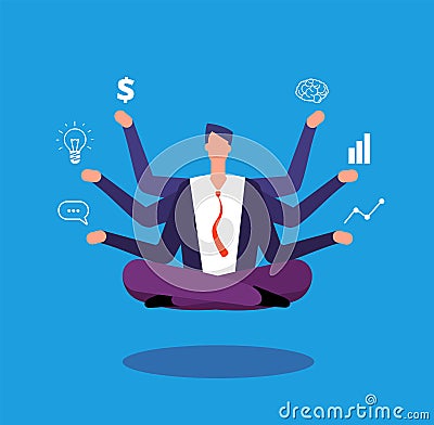 Multitasking businessman. Manager sitting in yoga lotus pose and juggles with tasks. Effective management vector concept Vector Illustration