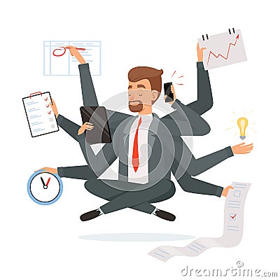 Multitasking businessman. Office worker making much work with hands writing calling reading yoga meditation vector Vector Illustration