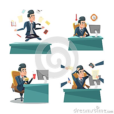 Multitasking Businessman at Work. Office Life Vector Illustration