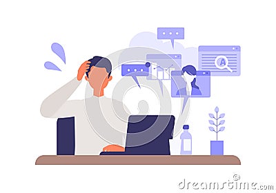 Multitasking businessman working on computer Vector Illustration