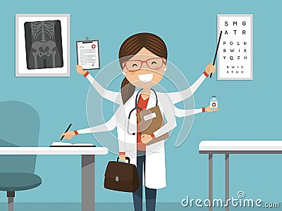 Multitasking busy female doctor smiling. Professional standing in the hospital Vector Illustration