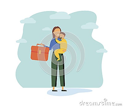 Multitasking busy mom and business woman,vector illustration tiny person concept. A woman trying to juggle and balance family life Cartoon Illustration