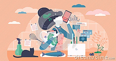 Multitasking busy mom at home concept, vector illustration tiny female person concept Vector Illustration