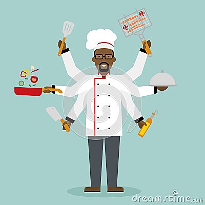 Multitasking chef with six hands. Vector Illustration