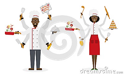 Multitasking chef with six hands. Vector Illustration