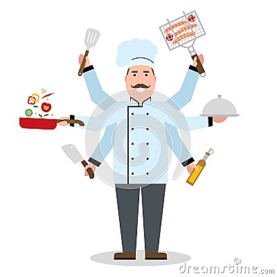 Multitasking chef with six hands. Vector Illustration