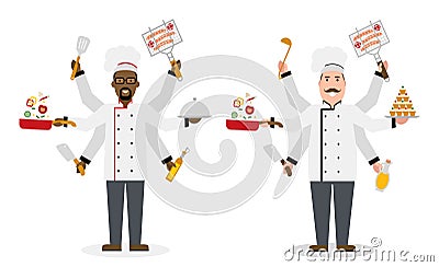 Multitasking chefs with six hands. Vector Illustration