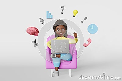 Multitasking concept African American woman employee 3d character works on laptop online conference Skillful freelancer. Stock Photo