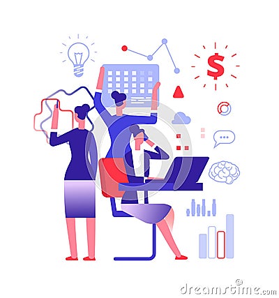 Multitasking concept. Businesswoman solving urgent tasks. Project management, achievement and work skill vector Vector Illustration