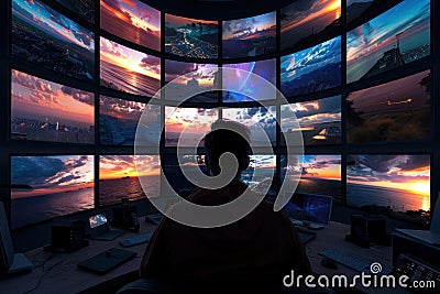 Multitasking Control Center: Futuristic Man Monitoring Multiple Displays Stock Photo