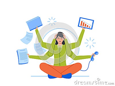 Multitasking, Deadline, Time Management Concept. Stressed Businesswoman With Many Arms Sitting In Yoga Lotus Position Vector Illustration