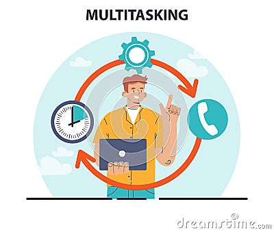 Multitasking. Effective and competent male office worker managing Cartoon Illustration